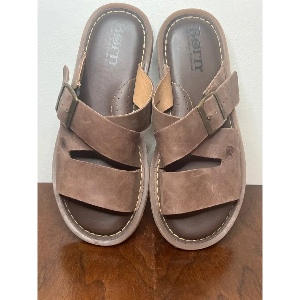 Born Men's Leather Slide Sandals Brown Size 9 Buckle Strap Comfort Fit